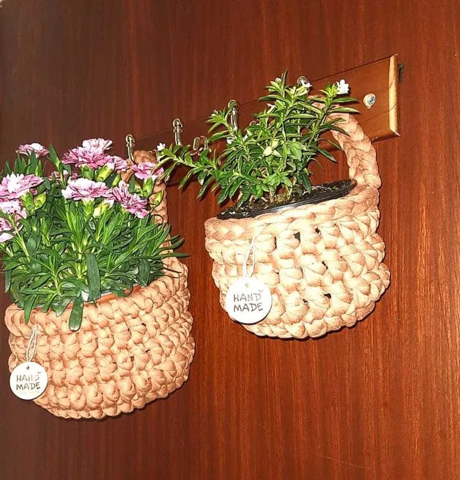 Coșulețe flori din croșet handmade bumbac natural 100% reciclat